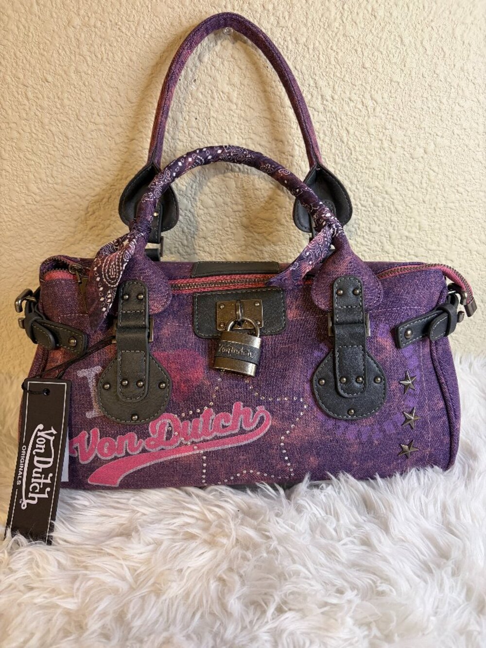 Von Dutch Bree Purple Denim Bandana Satchel Handbag Y2K McBling NWT